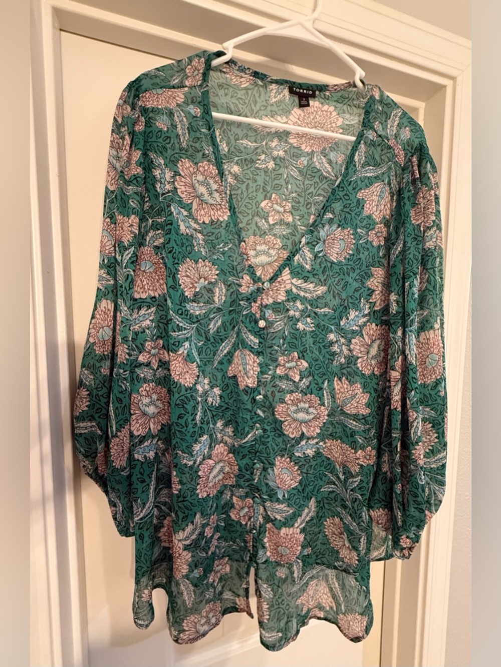 torrid Teal Green Floral V-Neck Peasant Blouse